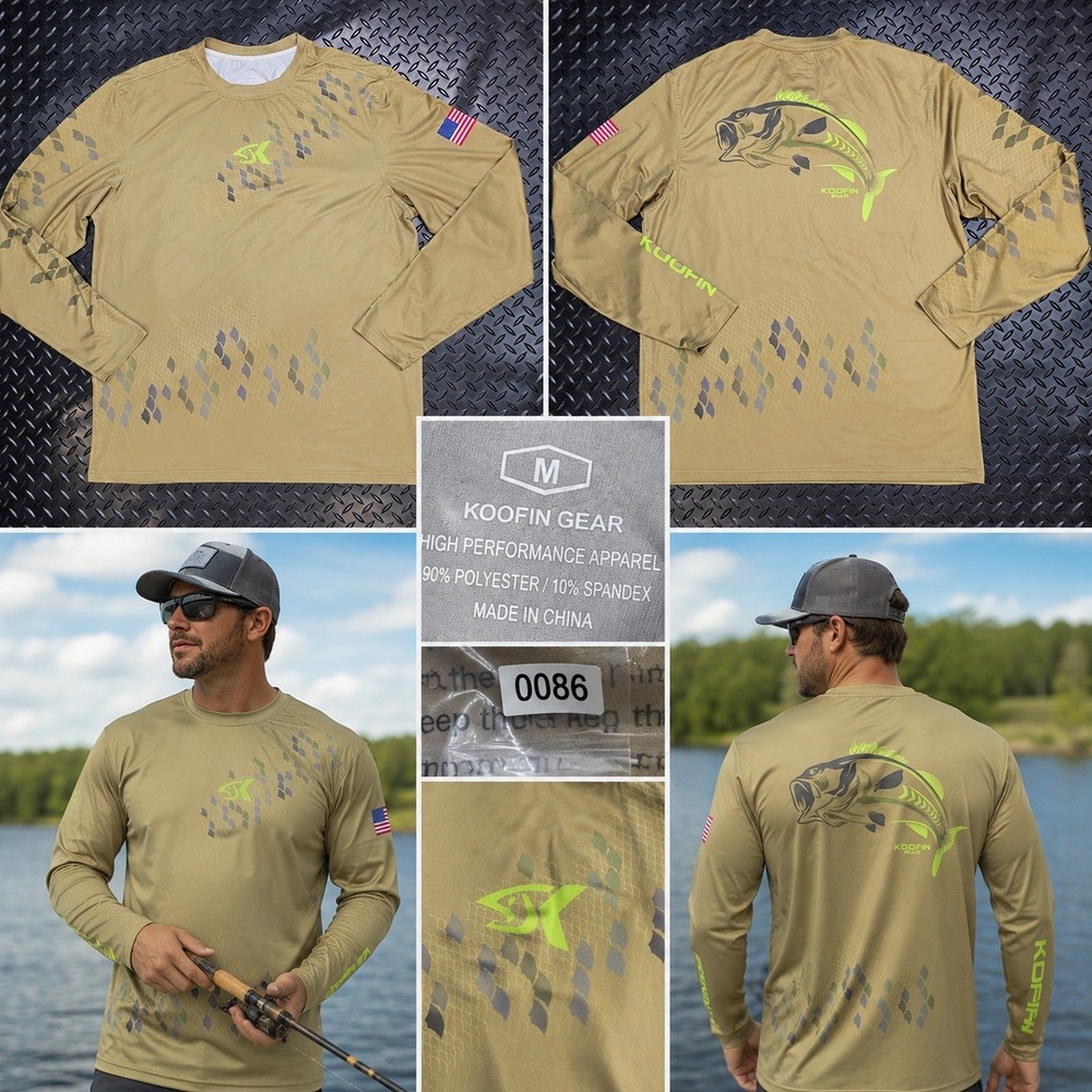 Koofin Gear Mens Fishing Shirt Tan Long Sleeve Bass Graphic Performance Size M